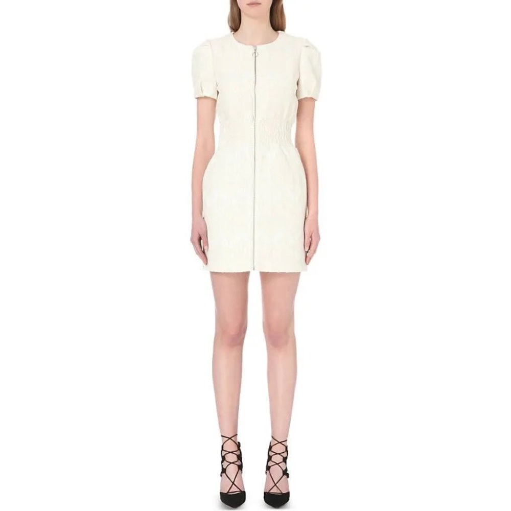 Maje Roxa Jacquard Mini Dress Zip Front Short Sleeve Gathered Waist Ecru Medium - Picture 6 of 16